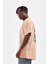 Unisex Bisiklet Yaka Baskılı Oversize T-Shirt - Bej 3