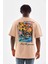 Unisex Bisiklet Yaka Baskılı Oversize T-Shirt - Bej 7