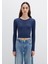 Düğme Detaylı Uzun Kollu Lacivert Crop Basic Tişört 1613403-70487 4