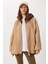 Oversize Kapüşonlu Kontrast Peluş Mont LFG0172 Bisküvi 3
