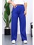 Saks Mavi Yüksek Bel Fitilli Bol Paça Triko Pantolon 1