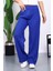 Saks Mavi Yüksek Bel Fitilli Bol Paça Triko Pantolon 2