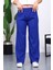 Saks Mavi Yüksek Bel Fitilli Bol Paça Triko Pantolon 4