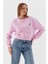 Çiçek Işleme Detaylı Crop Sweatshirt Pembe 2