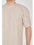 Unisex Waffle Kumaş Rahat Kol T-Shirt - Bej 3