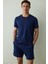 Indigo Erkek Navy Star Bisiklet Yaka Pamuklu Şortlu Pijama Takımı 5
