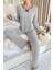 Kadın Gri Çizgili Uzun Kollu Fiyonk Detaylı Pijama Takımı Rahat Mevsimlik 5