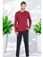 Erkek Bordo Yakası Düğmeli Pamuklu Pijama Takımı Çorap Hediyeli 2