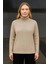 Kadın Balıkcı Yaka Bağazlı Triko Kazak Pamuklu Kalın Fitilli Dokuma - Bej 2