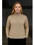 Kadın Balıkcı Yaka Bağazlı Triko Kazak Pamuklu Kalın Fitilli Dokuma - Bej 3