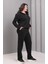 Kadın Büyük Beden Siyah, Fermuar Kapama Taş Işli, Cepli Pantolon, Kapüşonlu Eşofman Takım 65N39225 4