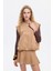 Dikiş Detaylı Beli Lastikli Süet Yelek Bej 9