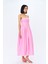 Straplez Pile Detaylı Uzun Elbise Pembe 8