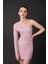 Taş Aksesuarlı Tek Omuz Mini Elbise Pembe 7