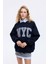 Gömlek Yakalı Nakış Detaylı Oversize Sweatshirt Lacivert 9