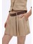 Kontrast Bel Pileli Mini Şort Etek Bej 9