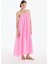Bağlama Ip Askılı Gofre Uzun Elbise Pembe 8