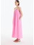 Bağlama Ip Askılı Gofre Uzun Elbise Pembe 9