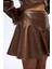 Volanlı Deri Mini Etek Kahverengi 4