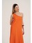 Tek Omuz Ucu Volanlı Midi Elbise Turuncu 8