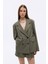 Kuş Gözü Detaylı Çift Düğmeli Oversize Blazer Ceket Haki 2