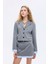 Kumaş Garnili Cep Detaylı Crop Blazer Ceket Gri 9