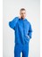 Unisex Double Oversize Kapşonlu Yıkamalı Sweatshirt - Mavi 4