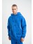 Unisex Double Oversize Kapşonlu Yıkamalı Sweatshirt - Mavi 6