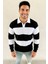 Erkek Polo Yaka Uzun Kollu Çizgili Sweatshirt Trend Rugby Stil - Siyah 1