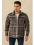 Erkek Ekose Desenli Düğmeli Polar Yakalı Uzun Kollu Gömlek Oversize Rahat Kalıp - Füme -Vlmr 1