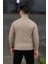 Erkek Balıkcı Yaka Bağazlı Triko Kazak Pamuklu Kalın Fitilli Dokuma, Regular Fit Uzun Kollu Kışlık Model - Bej 3