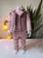 Kız Bebek Peluş Deri Üçlü Takım (Omuzdan Çıtçıtlısweatshirt+Deri Detaylı Kapşonluyelek+Pantolon) 2