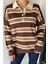 Kadın Yarım Düğmeli Çizgi Desenli Triko Kazak P-00019019 1