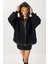 Oversize Kapüşonlu Kontrast Peluş Mont LFG0172 Siyah 1