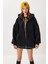 Oversize Kapüşonlu Kontrast Peluş Mont LFG0172 Siyah 5