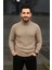 Erkek Balıkcı Yaka Bağazlı Triko Kazak Pamuklu Kalın Fitilli Dokuma, Regular Fit Uzun Kollu Kışlık Model - Bej 1
