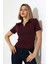 Relax Fit Rahat Kesim Pamuklu Ribana Gömlek Yaka Kısa Kol Basic Kadın Tshirt 22023 Mürdüm 3