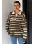 Kadın Yarım Düğmeli Çizgi Desenli Triko Kazak P-00019019 1