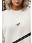 Kadın Ekru Kırık Beyaz Geometrik Dinozor 3 Iplik Şardonlu 0 Sıfır Yaka Oversize Salaş Sweatshirt 2
