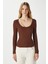 Kadın Anita Tok Doku Pamuklu Fittili Kahverengi Basic Bluz 2