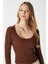 Kadın Anita Tok Doku Pamuklu Fittili Kahverengi Basic Bluz 4