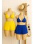 Kadın Sarı ve Mavi Şortlu Belden ve Boyundan Bağlamalı Bikini Takımı 1