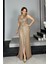 G1360 Drape Detaylı Payet Abiye Elbise Gold 1