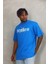Unisex Oversize Baskılı Bisiklet Yaka T-Shirt - Mavi 1