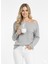 Kadın Gri Iki Yönlü Tek Omuz Düşük Geniş Kol Detaylı Standart Beden Triko Kazak 3