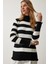 Balıkçı Yaka Fırfırlı Çizgili Triko Kazak LDD0046 Siyah Ekru 2