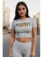 Positive Baskılı Kadın Crop T-Shirt - Gri Melanj 1