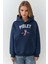 Kadın Oversize Baskılı Kapüşonlu Sweatshirt Lacivert 6