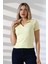 Relax Fit Rahat Kesim Pamuklu Ribana Gömlek Yaka Kısa Kol Basic Kadın Tshirt 22023 Açık Sarı 1