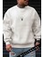 Erkek Ekru Kırık Beyaz Geyik Kalın Soft 3 Iplik Içi Şardonlu 0 Sıfır Yaka Oversize Salaş Sweatshirt 1